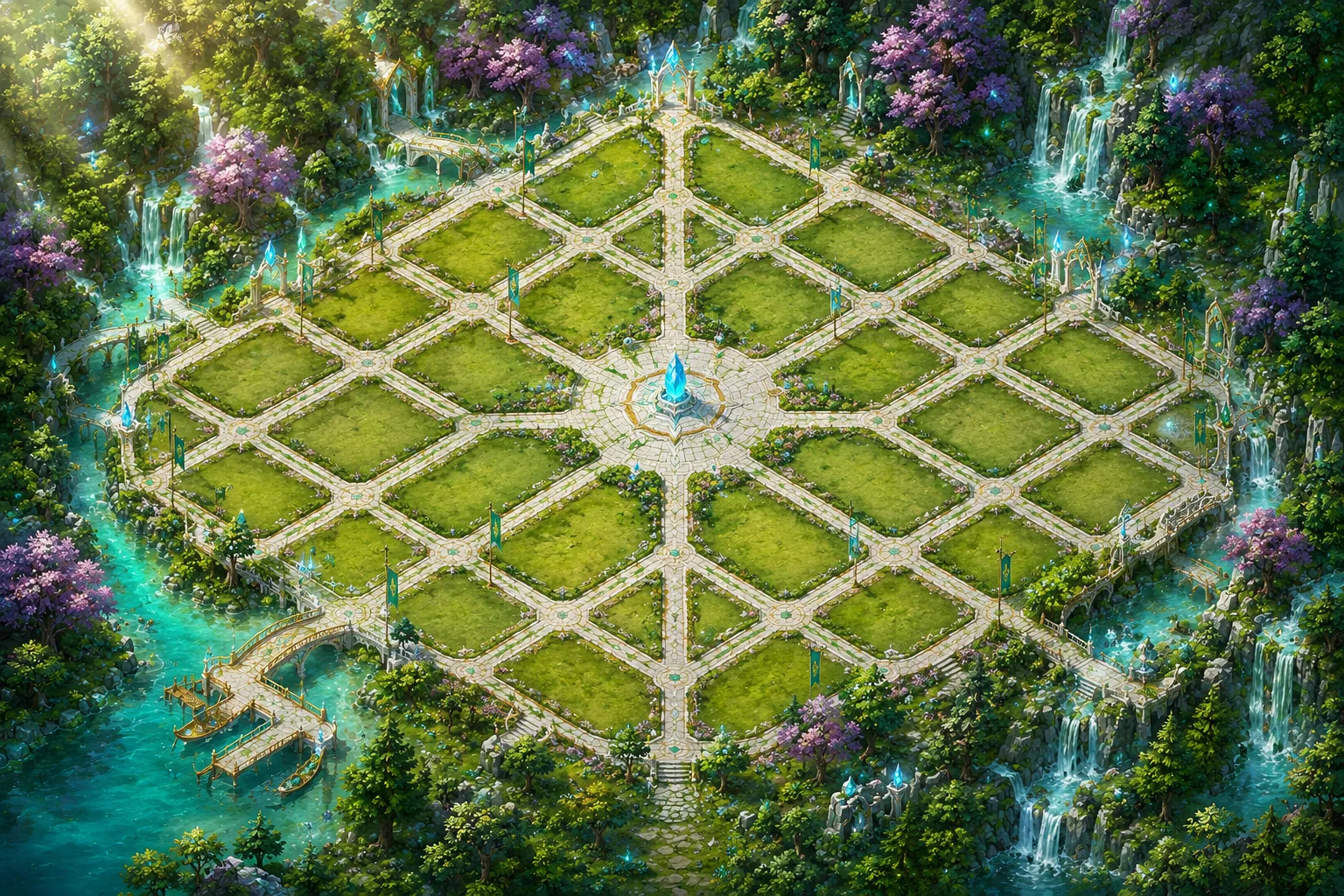 An elven city of green plots, white stone paths, and crystal spires among waterfalls.