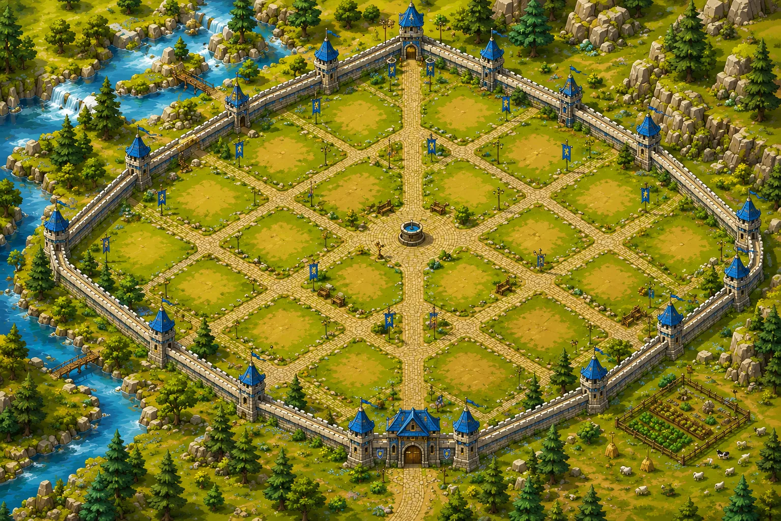 A walled human capital with blue-roofed towers and empty plots ready to build.
