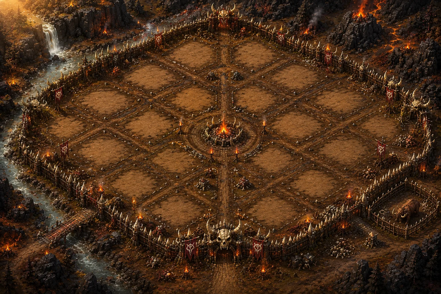 An orc warcamp of spiked palisades, banners, and burning braziers.