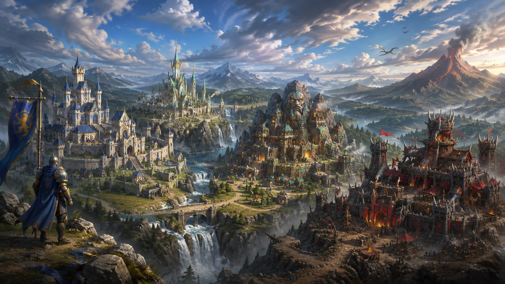 A vast fantasy world at dusk — an elven spire-city, a walled human castle, a dwarven mountain hold, and a fire-lit orc warcamp spread across one valley beneath a dragon-crossed sky.