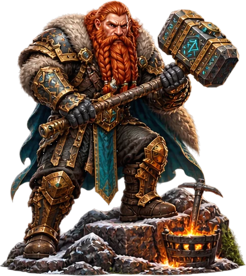 A red-bearded dwarven warrior in runed armour holding a great forge-hammer.