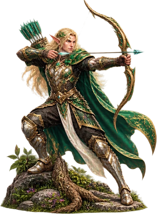 An elven archer in green and gold armour drawing a glowing emerald arrow.