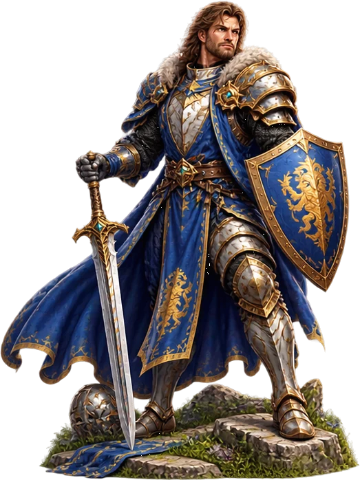 A human knight in blue and gold with a greatsword and a lion-crest shield.