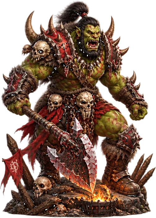 A green orc warlord bristling with skulls and jagged blades over a fire.